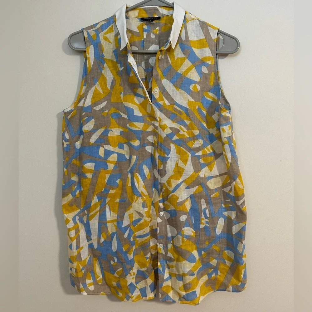 NWOT Lafayette 148 100% linen leaf print button up collared blouse sleeveless